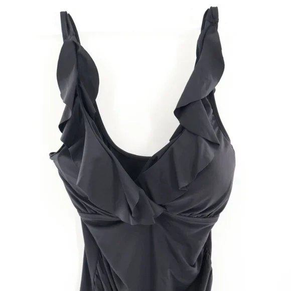 Lauren Ralph Lauren Ruffle Underwire Tankini Top Women 10 Black Swim Resort Pool - Picture 7 of 13